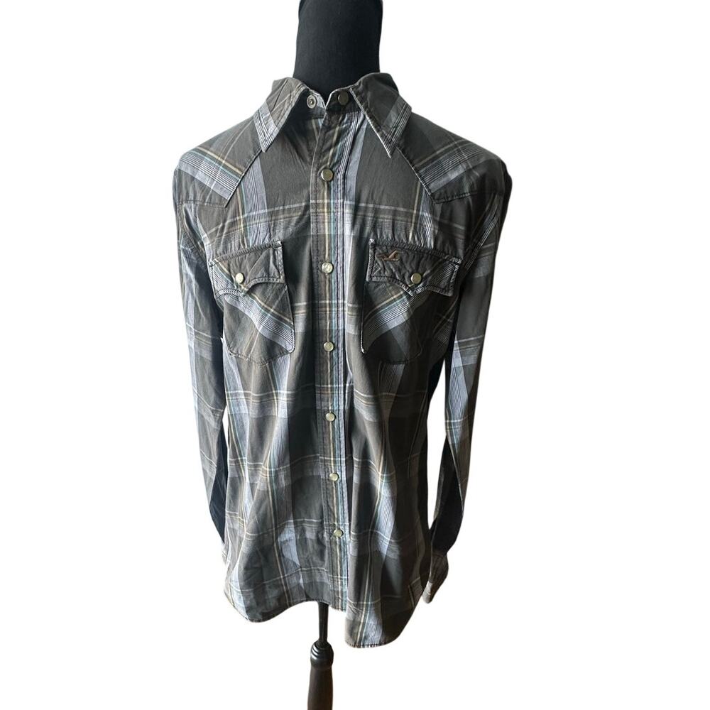 Hollister Mens Western Shirt Plaid Pearl Snaps Pockets Size M